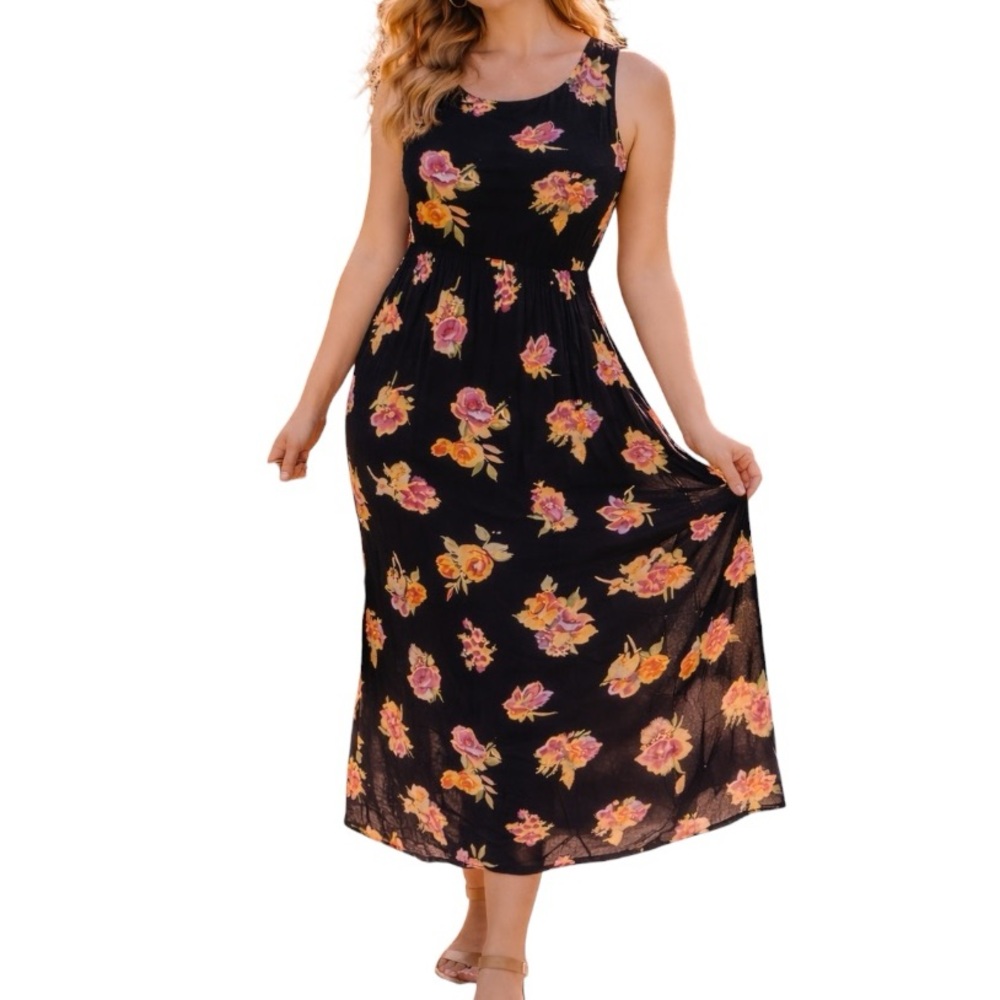 Vintage Floral Maxi Dress Size 6 Black Cottagecore Boho Whimsy Summer Wedding